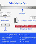 Beefed Up Panic Bar Exit Device With Alarm For Busy Doors Loud Siren FS 850A installation kit includes components and tools list.
