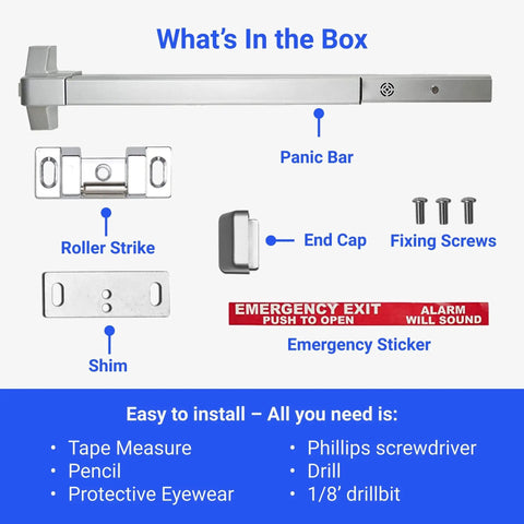 Beefed Up Panic Bar Exit Device With Alarm For Busy Doors Loud Siren FS 850A installation kit includes components and tools list.