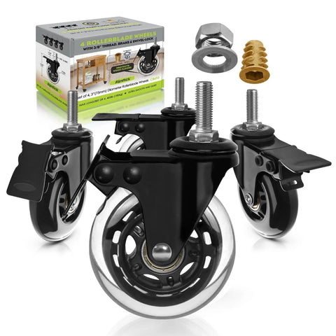 Three Eighths Inch 16 UNC Threaded Stem Rubber Caster Wheels With Brakes And Locks, four pack with mounting hardware