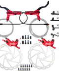 Four Piston Hydraulic Disc Brake Set for EBikes and Mountain Fat and Road Bikes with 180mm rotors, calipers, and adapters