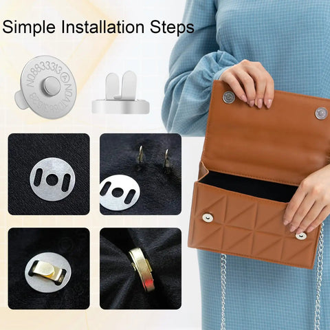 24 Sets Magnetic Snaps For Purses And Totes, 14mm Magnetic Fastener Replacement Kit, installed in a brown quilted purse