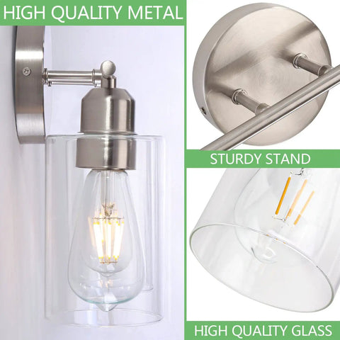 Four Light Bathroom Vanity Light Fixture In Brushed Nickel Finish With Clear Glass Shades Wall Mount Over Mirror Hardwired Easy Install And Up Or Down Mount For A Fresh Modern Look