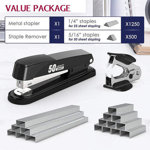 Beefy Heavy Duty Metal Stapler 50 Sheet Capacity with 1750 Staples and Stapler Remover Full Strip Desk Stapler No Jam Non Slip