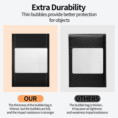 Comparison of 4 By 8 Inch Bubble Mailers 50 Pack Self Seal Waterproof Padded Envelopes showing durability and bubble thickness