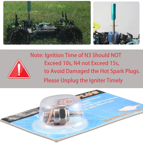 N3 Hot Spark Glow Plug For RC Nitro Engines Pack Of 5 on display with ignition time warning note