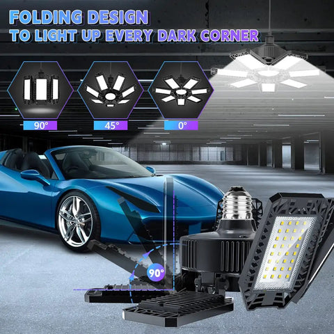 Eight Pack LED Garage Lights With Beastly Bright Seven Plus One Adjustable Panels 200W Shop Ceiling Light Delivers 20000 Lumens Of Daylight 6500K For Garage And Workshop E26 And E27 Base Compatible Energy Efficient shown with car in garage.