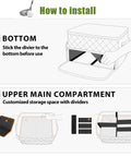 Installation guide for Two Layer Golf Trunk Organizer For Cars, showing divider placement in ventilated compartment for shoes and gear.