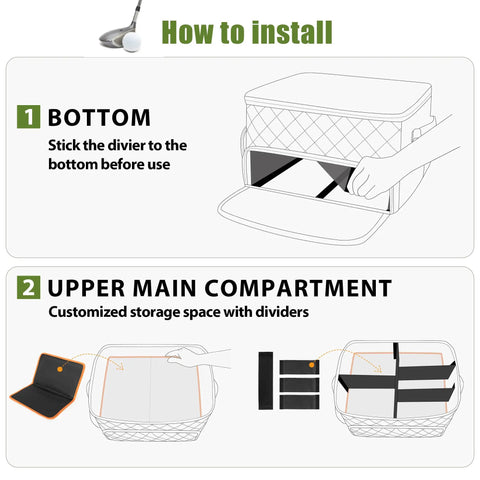 Installation guide for Two Layer Golf Trunk Organizer For Cars, showing divider placement in ventilated compartment for shoes and gear.