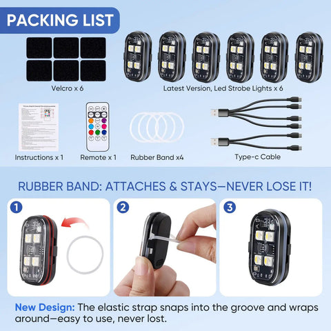 Packing list showing Upgraded 4 LED Wireless Strobe Lights With Remote, Type-C cables, Velcro, remote, and rubber bands.