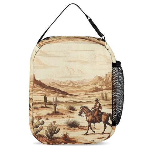Insulated Lunch Box For Men And Women With West Desert Cactus And Cowboys Riding Horses Design Reusable Lunch Tote Bag