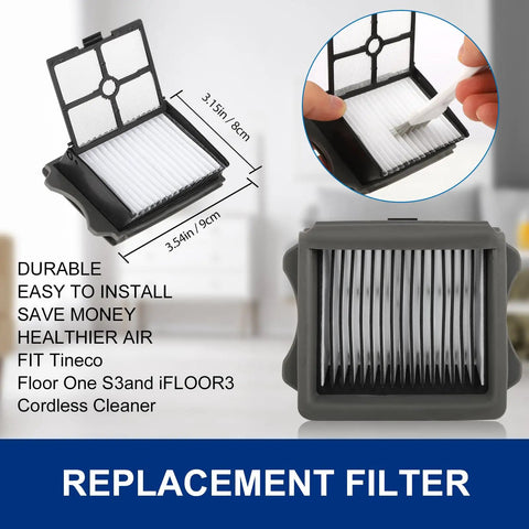 Replacement filter for iFloor 3 and Floor One S3 cordless vacuum, showing HEPA filter design and cleaning brush included