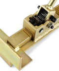 Close-up of beefy steel Flooring Installation Jack for hardwood and laminate, showing ratcheting mechanism and plank alignment use.