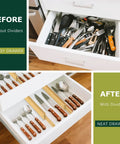 Knockout Premium Bamboo Drawer Dividers Six Pack in organized kitchen drawer, showcasing neat cutlery storage and adjustability.