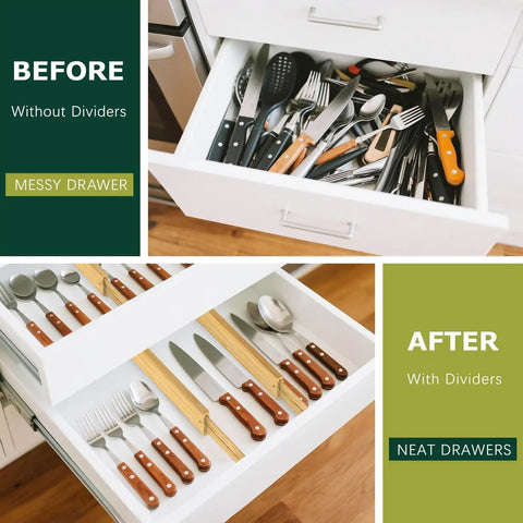 Knockout Premium Bamboo Drawer Dividers Six Pack in organized kitchen drawer, showcasing neat cutlery storage and adjustability.