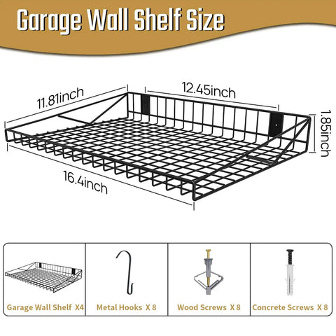 4 Pack Heavy Duty Garage Wall Shelves With 8 Hooks, Wall Mounted Floating Shelves Hold Up To 45 Lbs Each, 180 Lbs Total