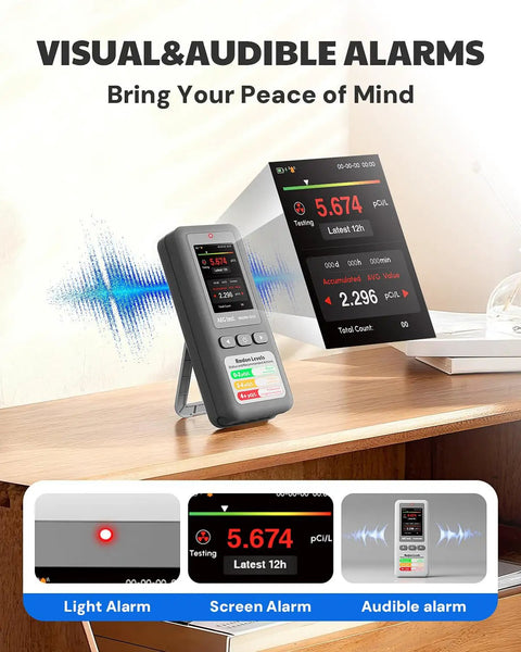Portable Radon Detector For Home And Basement Air Testing With Straight Up Reliability And Top Shelf Accuracy digital readouts with alarms.