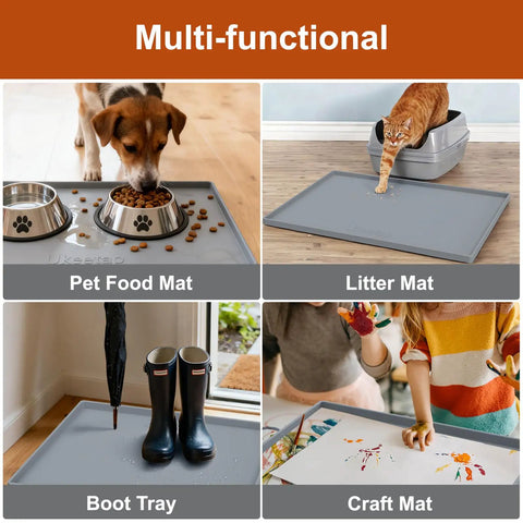Leakproof Silicone Mat With Raised Edge Extra Thick Under Sink Mat For Kitchen And Bathroom Waterproof Cabinet Liner No Mess Spill Proof Multi Purpose Storage And Protection BPA Free Food Grade 34 By 22 Inch Gray used as pet mat, litter tray, boot mat, and craft mat.
