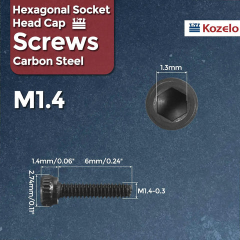 Heavy Duty Socket Head Cap Screws M1.4 X 6mm with sleek black oxide finish and hexagonal head, made from carbon steel.