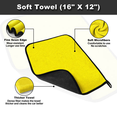 Yellow microfiber towel with black edges, labeled features like soft microfibers and thick material for All In One Car Wheel Cleaning Kit.