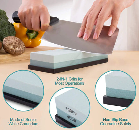Dual Sided 400/1000 Grit Knife Sharpening Stone With Non Slip Rubber Base, silicon carbide block shown being used by hand