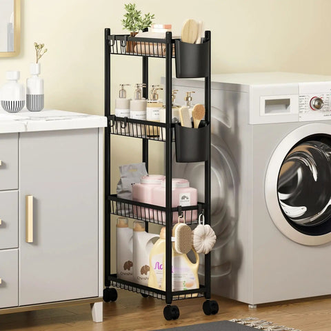 Four Tier Narrow Rolling Storage Cart With Wheels For Tight Spaces, Skinny Metal Mobile Shelf Organizer in laundry room