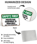 Safety First Aluminum Sign 8x12 Inches Rustproof Wall Decor for workplace with protective gear message and pre-drilled holes.