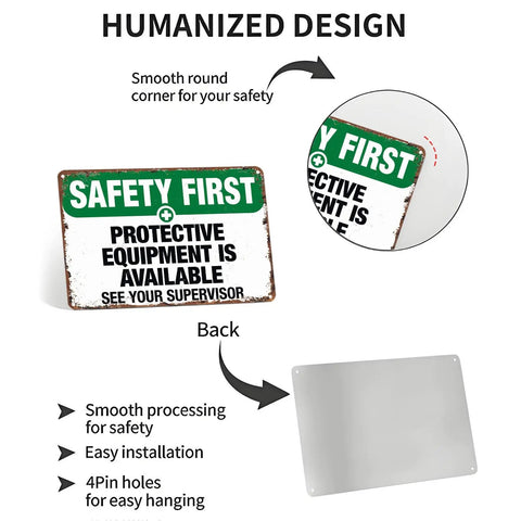 Safety First Aluminum Sign 8x12 Inches Rustproof Wall Decor for workplace with protective gear message and pre-drilled holes.