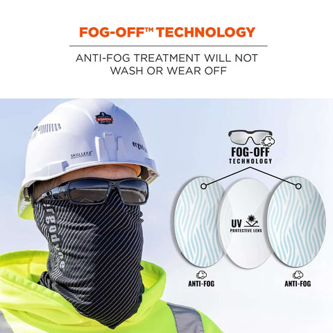 Construction worker wearing Skullerz Odin Safety Glasses Matte Black With Anti Fog Smoke Lens Fog Off Treatment for clear vision.