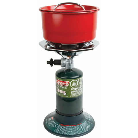 BottleTop Propane Stove Portable Camping Cooker With Adjustable Burner And 10,000 Total BTUs, red pot on top, wind baffles visible.