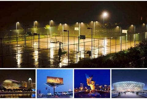 Led Floodlight illuminating a wet basketball court at night, showcasing high brightness and waterproof features.