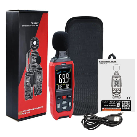 Sound Level Data Logger With Real Time Decibel Readouts 30 To 130 dB Range, Audible And Visual Alarm, PC Export shown with packaging and accessories
