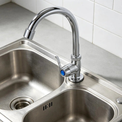 Vertical Kitchen Sink Faucet, Plastic Small Countertop Tap with 2cm Base installed in a stainless steel two-basin sink.