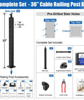 Complete Stair Cable Railing Kit For 10 To 15 Ft Runs With 3 Black 36 Inch Posts, 220 Ft One Eighth Inch Stainless Wire Rope, Invisible Cable System, DIY Post Kit No Handrail For 25 To 35 Degree Stairs Easy DIY Install displayed with components and tools necessary for setup.