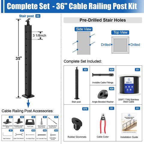 Complete Stair Cable Railing Kit For 10 To 15 Ft Runs With 3 Black 36 Inch Posts, 220 Ft One Eighth Inch Stainless Wire Rope, Invisible Cable System, DIY Post Kit No Handrail For 25 To 35 Degree Stairs Easy DIY Install displayed with components and tools necessary for setup.