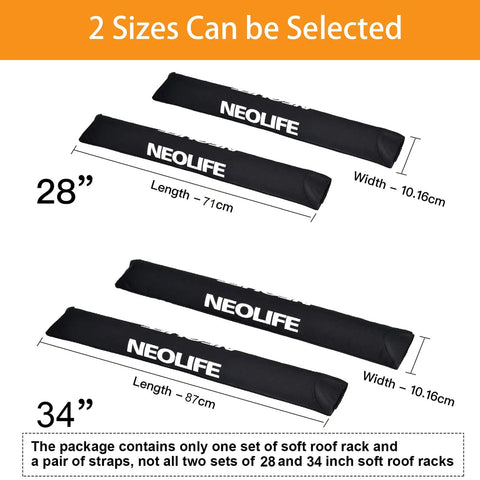 Soft Roof Rack Pads With Two 15 Ft Tie Down Straps For Surfboard, SUP Paddleboard, And Snowboard, two sizes 28 and 34 inch, black.