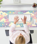 Dope Colorful Cloud and Star Desk Mat in Watercolor Pink Extended Large Mouse Pad with keyboard and laptop setup