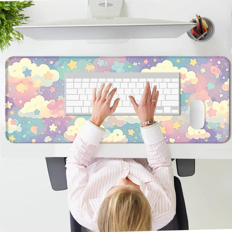 Dope Colorful Cloud and Star Desk Mat in Watercolor Pink Extended Large Mouse Pad with keyboard and laptop setup