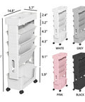 Five Tier Mobile Bookshelf With Rolling Wheels For Home Office Study Living Room Classroom White Space Saving Shelving Cart Movable File Organizer For Books Magazines And More in white, pink, black, and grey colors, showing measurements.