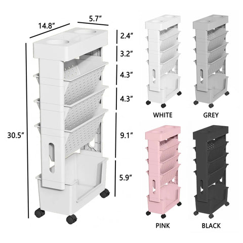 Five Tier Mobile Bookshelf With Rolling Wheels For Home Office Study Living Room Classroom White Space Saving Shelving Cart Movable File Organizer For Books Magazines And More in white, pink, black, and grey colors, showing measurements.