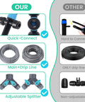 Comparison of Effortless Plug-and-Play Drip Irrigation System With Quick-Connect Fit and standard systems, showing connectors and lines