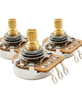 Pro HD A250K and B250K Full Brass 18-Spline Split Shaft Pots for Imported Strat Style Axes and Basses, set of 2, front view.