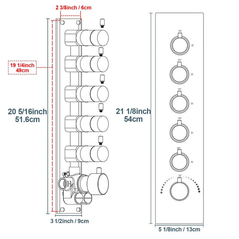 Five-Function Thermostatic Shower Valve Kit With Concealed Diverter And Six Round Knobs In Brushed Nickel, 21 1/8in x 5 1/8in front and side dimensions