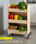 Wooden cabinet on 2 Inch Side Mount Caster Set, 4 Pack With 2 Swivel And 2 Brakes, holding vegetables, in kitchen setting.