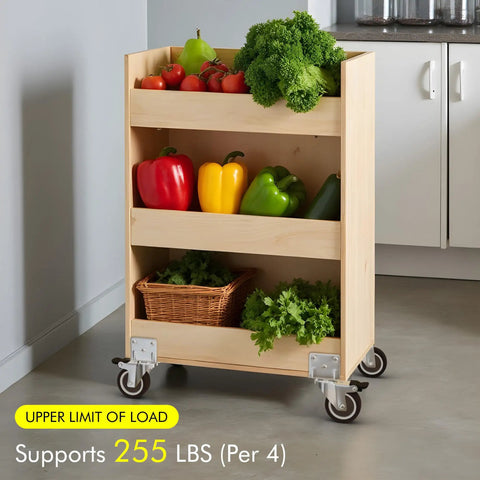 Wooden cabinet on 2 Inch Side Mount Caster Set, 4 Pack With 2 Swivel And 2 Brakes, holding vegetables, in kitchen setting.