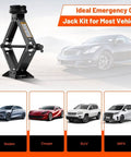 2.5 Ton Universal Scissor Car Jack Kit With Portable Tire Changing System displayed against cars, suitable for sedans, SUVs, MPVs.
