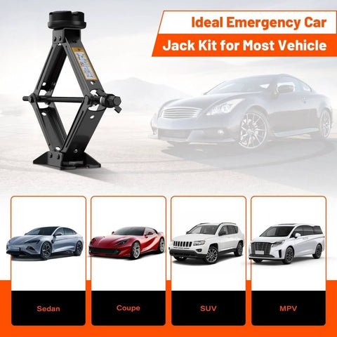 2.5 Ton Universal Scissor Car Jack Kit With Portable Tire Changing System displayed against cars, suitable for sedans, SUVs, MPVs.