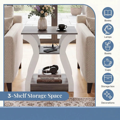 Two Piece End Table With Built In Charging Station For Your Couch And Bedside Modern Curved Nightstand Set Of Two Two AC Outlets USB Port Type C Port About Five Foot Power Cord Three Tier Open Storage. 3-tier white wood end table between sofas