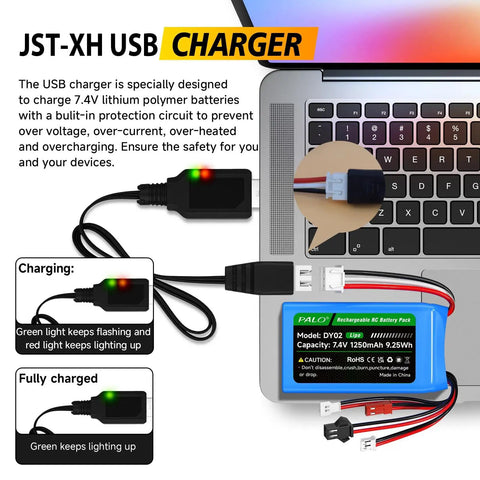 USB charger connecting to 7.4V LiPo battery with JST connectors beside laptop