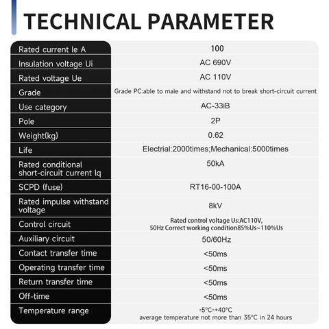 100Amp 110V AC Automatic Transfer Switch For Dual Power Changeover, 2 Pole ATS With Manual Override, technical parameter table