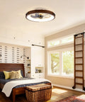 Neojoyoenix Light Fixture, 20" Ceiling Fans with Lights Kit (Led) and Remote Control, set in a modern bedroom with wood accents.
